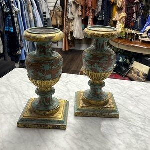 Pottery Barn Set of Two Gold and Teal Distressed Wooden Candle Holders